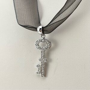 Elegant 925 Sterling Silver CZ Key Pendant Necklace on Black Ribbon Choker